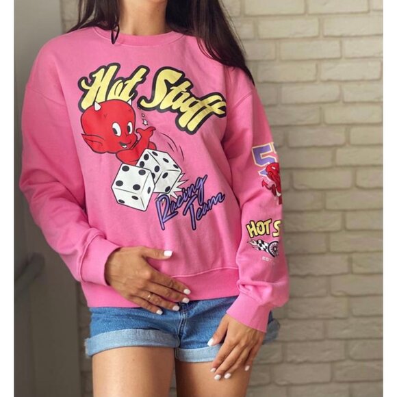 Divided Tops - Divided H&M Womens M Oversized Pink Sweatshirt with Fleece Lining Graphic Top